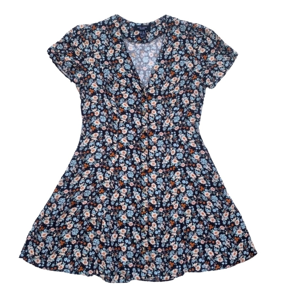 New Look Women’s Black Dainty Floral Button Front Mini V Neck Dress Size 6